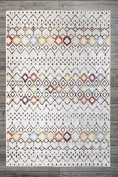 Oriente Home Iskandinav Desenli Beyaz Multirenk Kadife Halı Yıkanabilir Kayma...