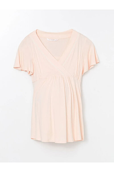 LC Waikiki LCW DREAM Açık Pembe Baskılı Kruvaze Yaka Düz Kısa Kollu Hamile Pijama Takımı