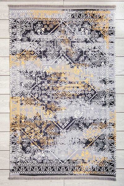 Oriente Home Modern Black Washable Chenille Machine Carpet Fringed Non-Slip B...