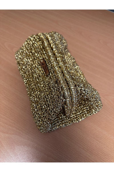 bukki Handmade Clutch Çanta /El Örgüsü El Çantası / Metalik Ip Parlak Simli  Dore / Altın Renk