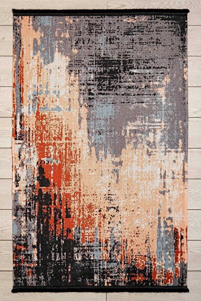 Oriente Home Abstract Desenli Yıkanabilir Saçaklı Kaymaz Taban Şönil Salon Ha...
