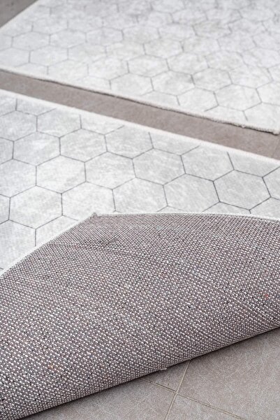 Oriente Home Honeycomb Patterned Gray Non-Slip Base Washable Velvet 2-Piece Bath Mat 8708