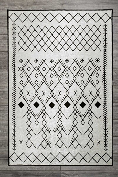 Oriente Home Iskandinav Desenli Gri Siyah Kadife Halı Yıkanabilir Kaymaz Taba...