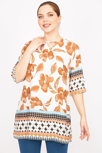 Şans Női barna nagy méretű szőtt viszkóz szövet vízmintás tunika 65n35878