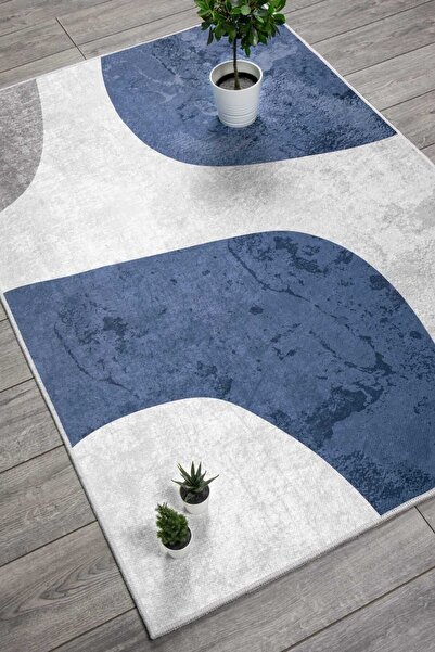 Oriente Home Modern Desenli Kadife Halı Mavi Gri Yıkanabilir Kaymaz Taban Halı 7082
