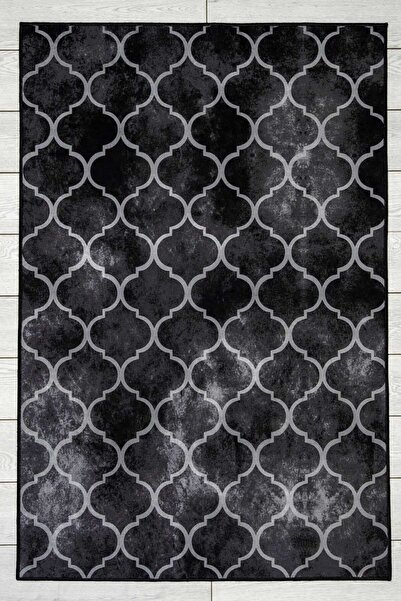 Oriente Home Bohemian Patterned Black Gray Washable Non-Slip Base Velvet Runner Hallway Carpet 7525