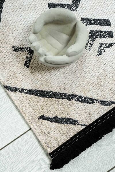 Oriente Home Scandinavian Patterned Beige Black Runner Washable Entrance Chenille Hallway Carpet 7707