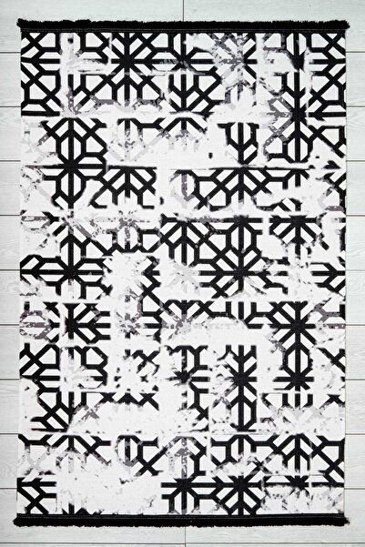 Oriente Home Modern Desenli Siyah Beyaz Şönil Makina Halısı Yıkanabilir Saçak...