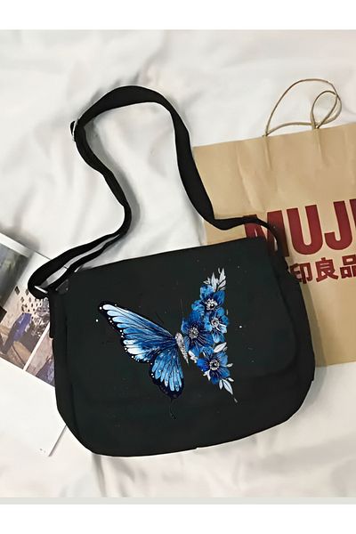 Cemira Geantă tote din pânză neagră cu model fluture - Geantă pentru laptop și școală