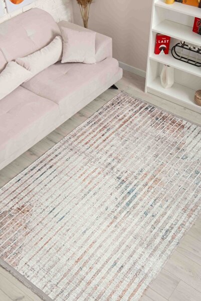 Oriente Home Çizgi Desenli Krem Kahve Şönil Makina Halısı Yıkanabilir Saçaklı...