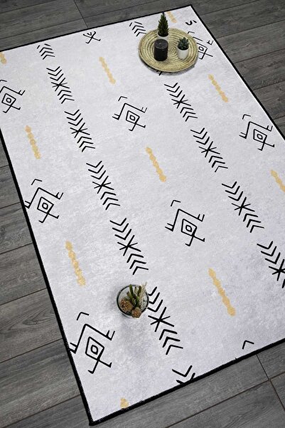 Oriente Home Scandinavian Patterned Black and White Velvet Carpet Washable Non-Slip Base Runner Hallway Carpet 7724