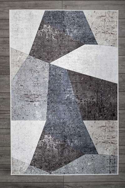 Oriente Home Geometric Patterned Gray Blue Black Velvet Carpet Washable Non-S...