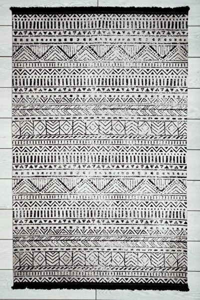 Oriente Home Scandinavian Patterned Beige Black Chenille Machine Carpet Runner Washable Hallway Carpet 7758