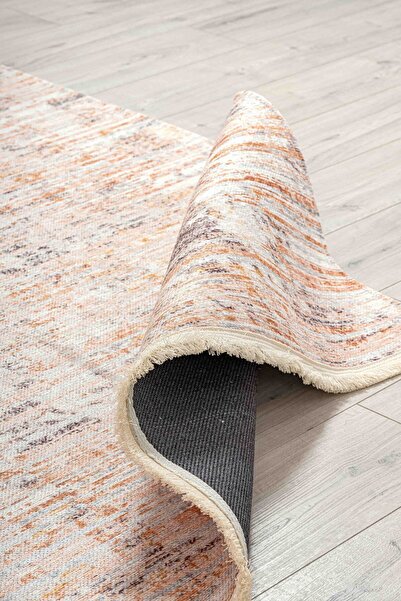 Oriente Home Soyut Desenli Açık Vizon Şönil Makina Halısı Yıkanabilir Saçaklı Kaymaz Taban Antre Halısı 8336