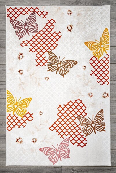 Oriente Home Kelebek Figürlü Bej Çocuk Halısı Anti-bakteriyel Kaymaz Taban Ka...