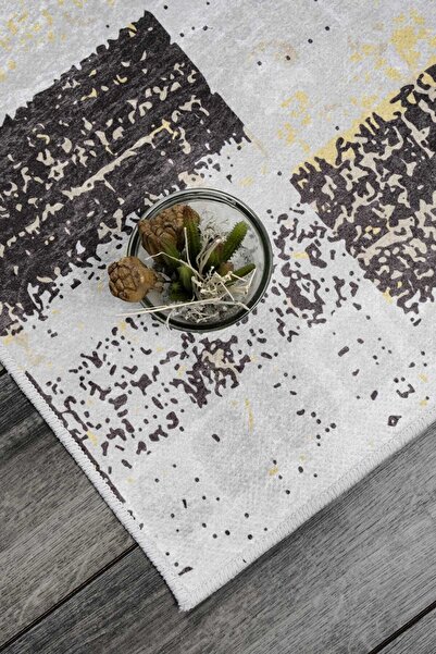 Oriente Home Modern Patterned Gray Yellow Velvet Carpet Washable Non-Slip Base Hallway Carpet Runner 7904