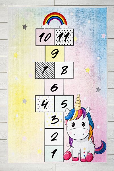 Oriente Home Seksek Desenli Multirenk Çocuk Halısı Anti-bakteriyel Kaymaz Tab...