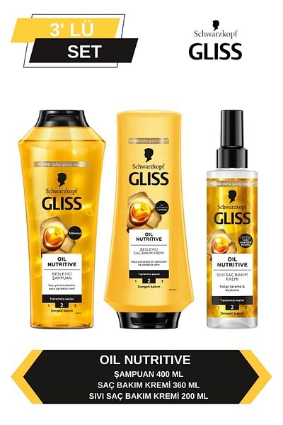 Gliss Oil Nutritive Shampoo 400ml + Conditioner 360ml + Liquid Conditioner 200ml