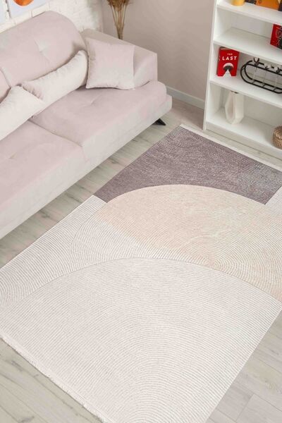 Oriente Home Çizgili Desenli Krem Vizon Şönil Makina Halısı Yıkanabilir Saçak...