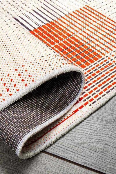 Oriente Home Linear Patterned Cream Orange Gray Washable Non-Slip Base Velvet Runner Hallway Carpet 7920