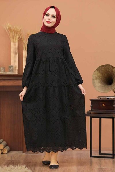 Neva Style - فستان حجاب أسود بأكمام مطاطية 1073s