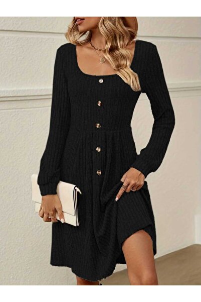 Kokosh moda Kadın Kare Yaka Düğme Detaylı Midi Elbise
