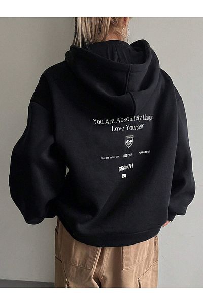 PALPİTO Black Calm Growth Printed Women's Hoodie - 3 Thread Hooded Sweatshirt