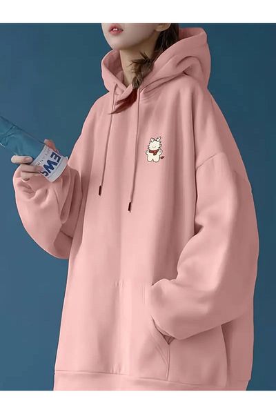 PALPİTO Pink Figure Plush Printed Hooded Women's Hoodie Sweatshirt - 3 Thread