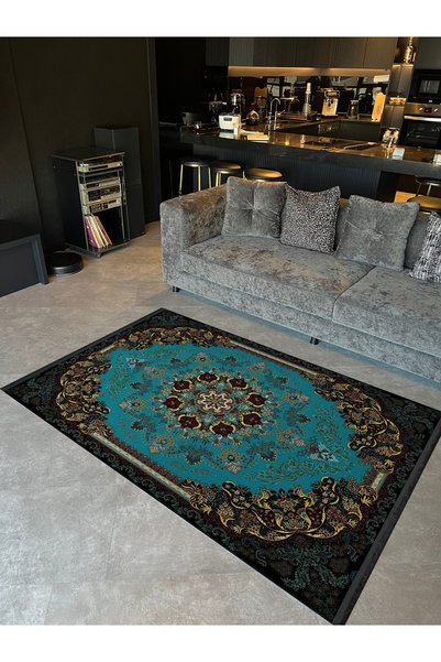 Rugs Modern Halı سلسلة عرقية منقوشة باللون الفيروزي مع تفاصيل زاوية بألوان دا...
