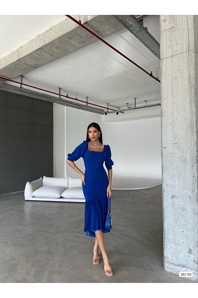 Masspera Square Collar Midi Evening Dress with Ruffle Skirt
