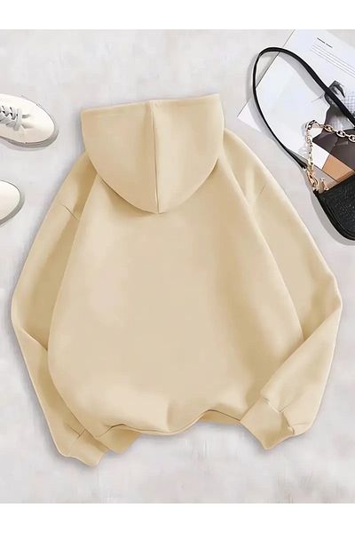 PALPİTO Beige Women's Hoodie - Three Daisies Print, 3 Thread Hooded Sweatshirt