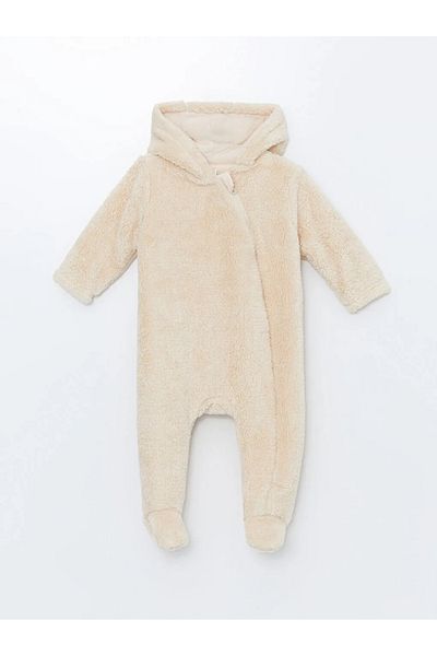 LC Waikiki Long Sleeve Hooded Plush Jumpsuit - Baby Girl Ecru