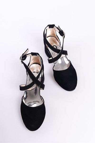 Pabrik New Season - Black Suede Girls' Heeled Shoes, Cross Buckle