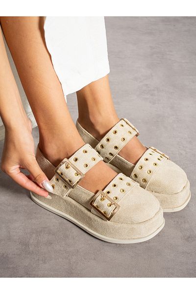 Alemdar Shoes Дамски мокасини - NELY кремав велур с катарама