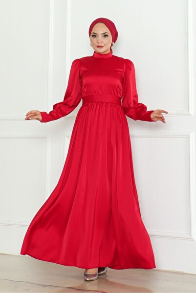 Bestenur Red Satin Evening Dress - Belted, Model 1136