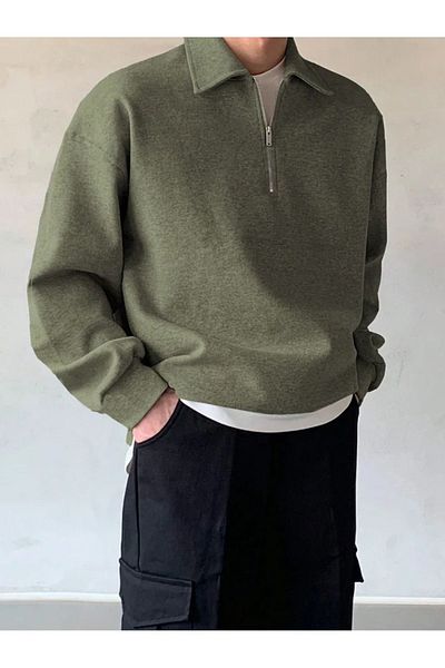 COMBİNE MİCHAİL Polo Neck Men's Sweatshirt - Half Zipper, Khaki