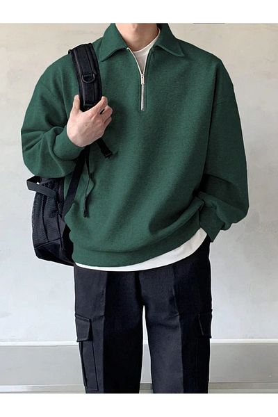COMBİNE MİCHAİL Men's Polo Collar Sweatshirt - Half Zipper, Dark Green
