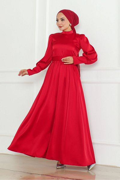 Bestenur Red Satin Evening Dress - Belted, Model 1136
