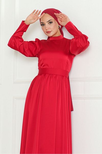 Bestenur Red Satin Evening Dress - Belted, Model 1136
