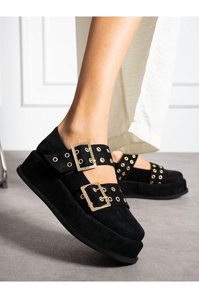 Alemdar Shoes Дамски мокасини - Черен велур с катарама