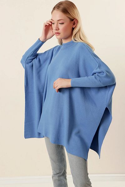 İKLİM LİFE Crew Neck Slit Poncho Tunic - Blue