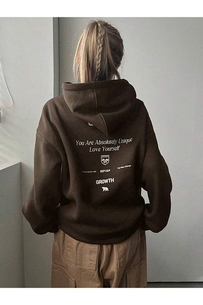 PALPİTO Brown Calm Growth 3 Thread Hooded Hoodie Sweatshirt - Printed