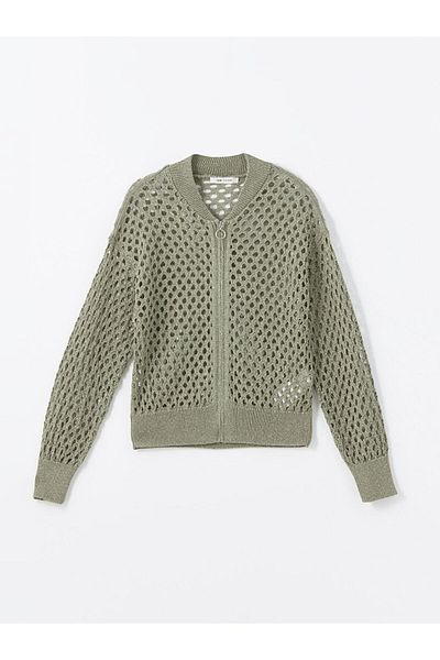 LC Waikiki Γυναικεία πλεκτή ζακέτα LCW Vision Khaki Crew Neck διάτρητη