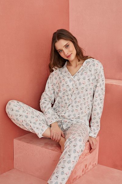 ELİTOL Long Sleeve Ecru Knitted Pajama Set - Cup Pattern and Buttoned Front