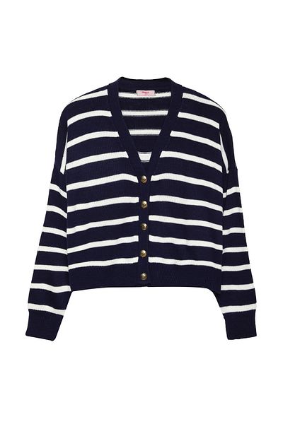 Quzu Gold Button Striped Knitwear Cardigan Navy Blue
