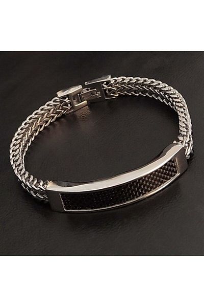 OSMANLI GÜMÜŞ Men's Steel Bracelet - Stainless Double Row Chain and Carbon Detail