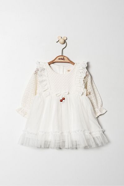 MİNİBORN Long Sleeve Ecru Robe - Newborn Girl Knitted Detailed Dress