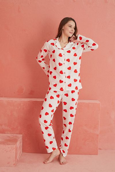 ELİTOL Ecru Long Sleeve Knitted Pajama Set - Heart Pattern and Buttoned Front