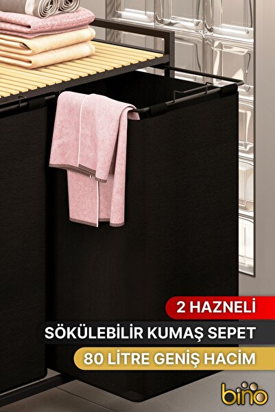 Bino Çamaşır Sepeti Kirli Sepeti Ahşap Banyo Dolabı Büyük Boy Geniş 2 Bölmeli Kumaş Kirli Sepeti
