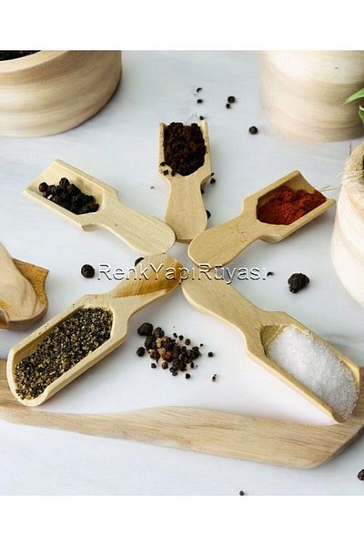 RENK YAPI RÜYASI Natural Wood - Non-Varnished Spice Bowl and Spice Spoon, Healthy Handmade